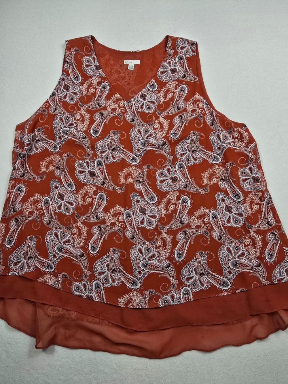 Cato 22/24W Burnt Orange Paisley Print Sleeveless V-Neck Tank Top Layered Hem